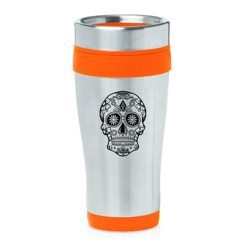 16oz Insulated Stainless Steel Travel Mug Coffee Mug Tumbler Sugar Candy Skull (Orange)