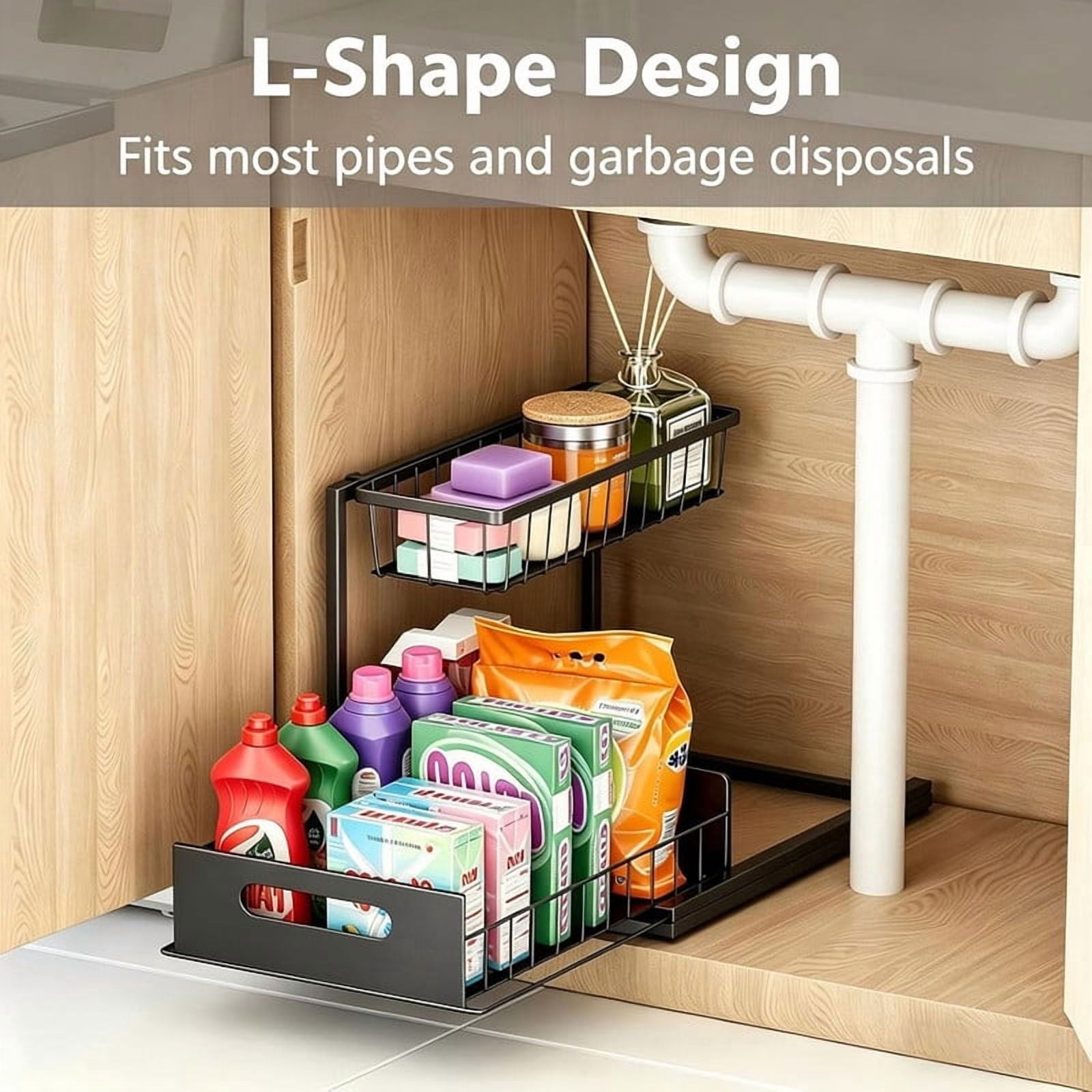 Under Sink Organizers Storage, 2 Tier Under Cabinet Organizer Shelf, Pull Out Kitchen Bathroom Sink Organizer Storage Organization, 2 Pack