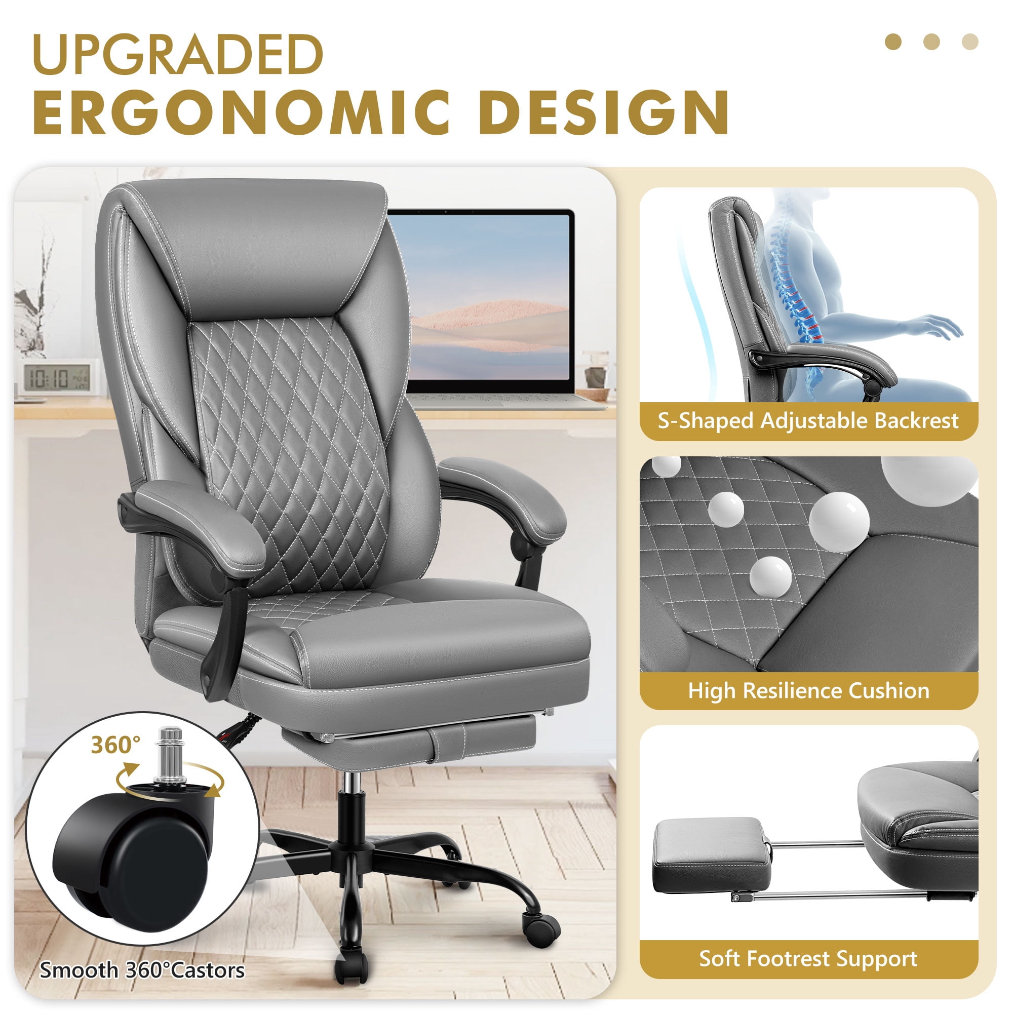 Primy Office Chair with Retractable Footrest, Ergonomic High Back Executive Computer Desk Chair, Big & Tall PU Leather Reclining Chair for Home Office Work