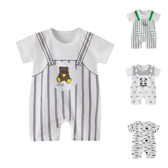 Einccm Baby Girls Boys 100% Cotton Short Sleeve Romper - Cute Bear Printed Striped Snaps Jumpsuit - Soft Summer One-Piece Bodysuit for born Infant Toddler 0-24 Months