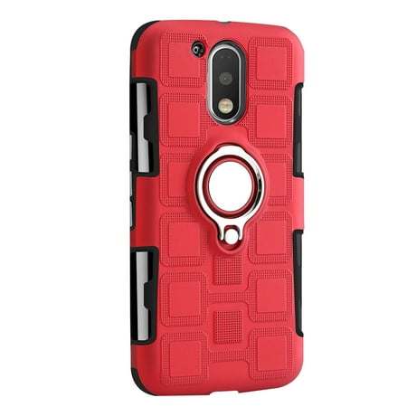 Phone Cover Running Sports Three-in-one with Back Clip 360 Degree Ring Car Magnetic Heavy Duty Shockproof TPU and Hard PC Solid Three-layer Phone Shell for Moto G4 Plus (Red)