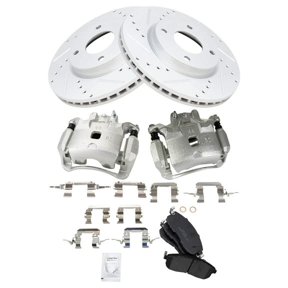TRQ Front Performance Brake Pad & Rotor Kit Brake Caliper Brake Pads Brake Rotors Set Ceramic Vented Premium G-Coated Fits Select 2009-2014 Nissan Cube 2007-2012 Versa