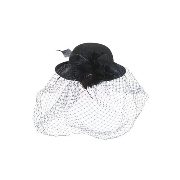 Feather Bowler Cap with French Lace - Black