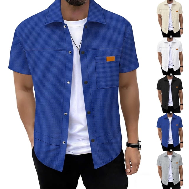 Men's Solid Color Short Sleeve Lapel Shirt,Casual Button Cardigan Top Polyester Fabric Lightweight Breathable Texture Casual Daily Work Golf Vacation Classic Fit Pocket