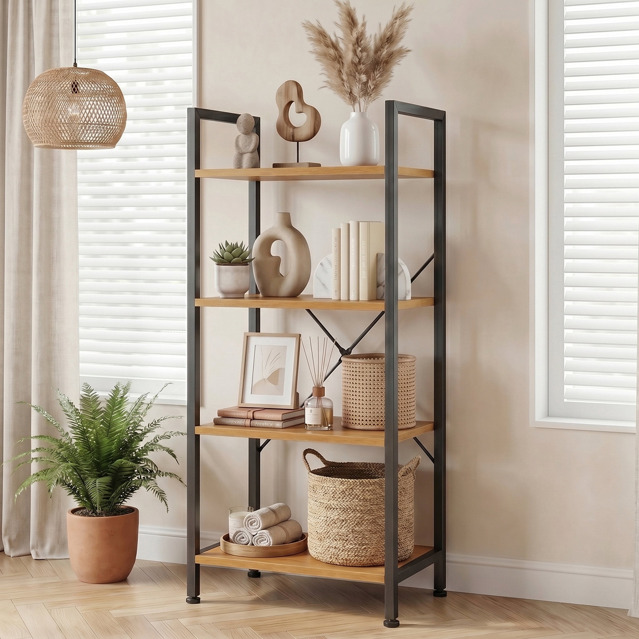 CONCETTA Bookshelf, 4-Tier Small Industrial Storage Shelf & Shelves, Metal Bookcase for Home Office, Living Room, Wood