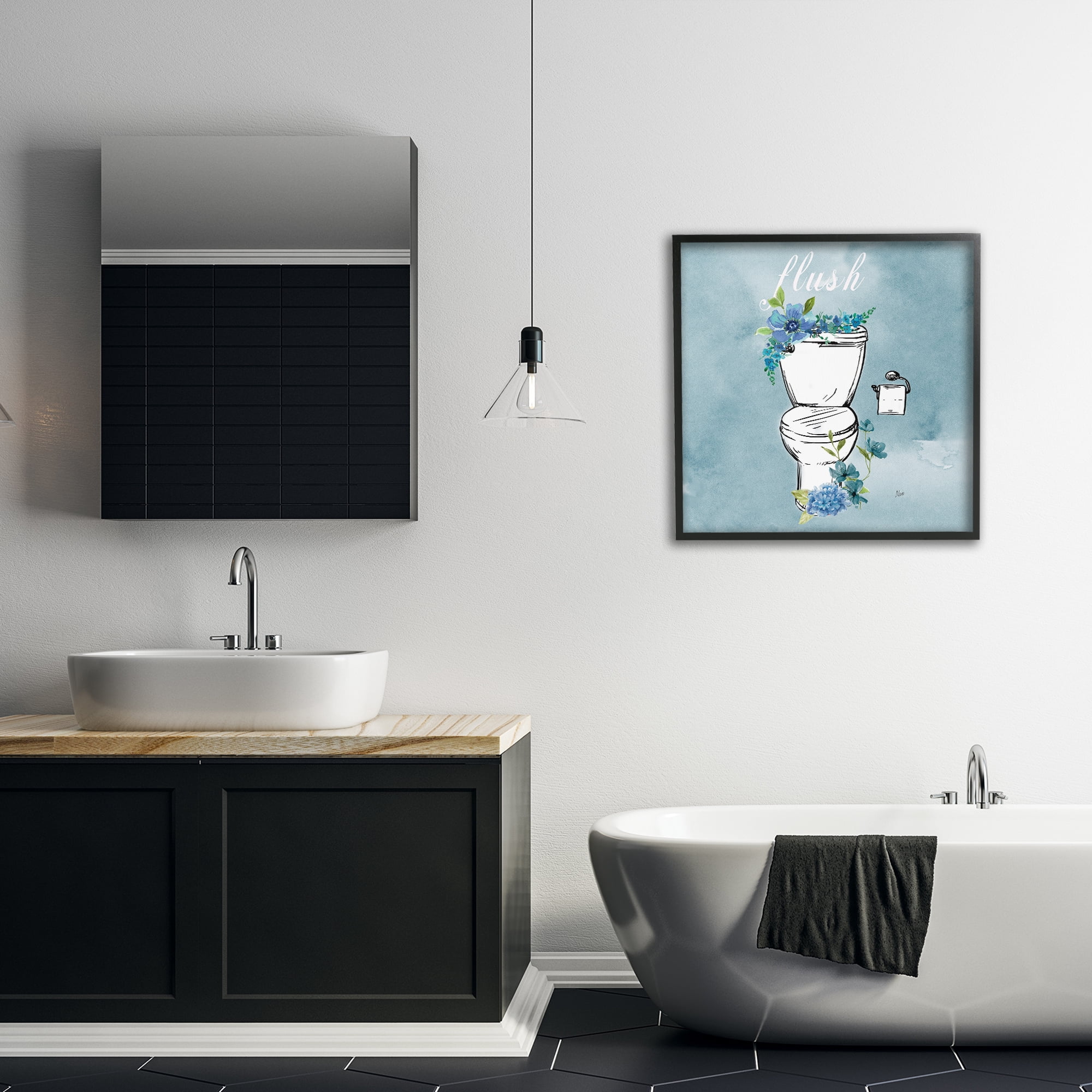 Stupell Industries Floral Bathroom Rules Flush Black Framed Giclee Art, design by Nan