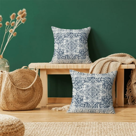 Clearance!Delayuji Boho Pillow Covers 18x18 Blue and White Ethnic Design Outdoor Decorative Throw Pillows for Couch Carpet Pattern Decor Cushion2 Pcs Farmhouse Linen Pillowcase for Bed Car S