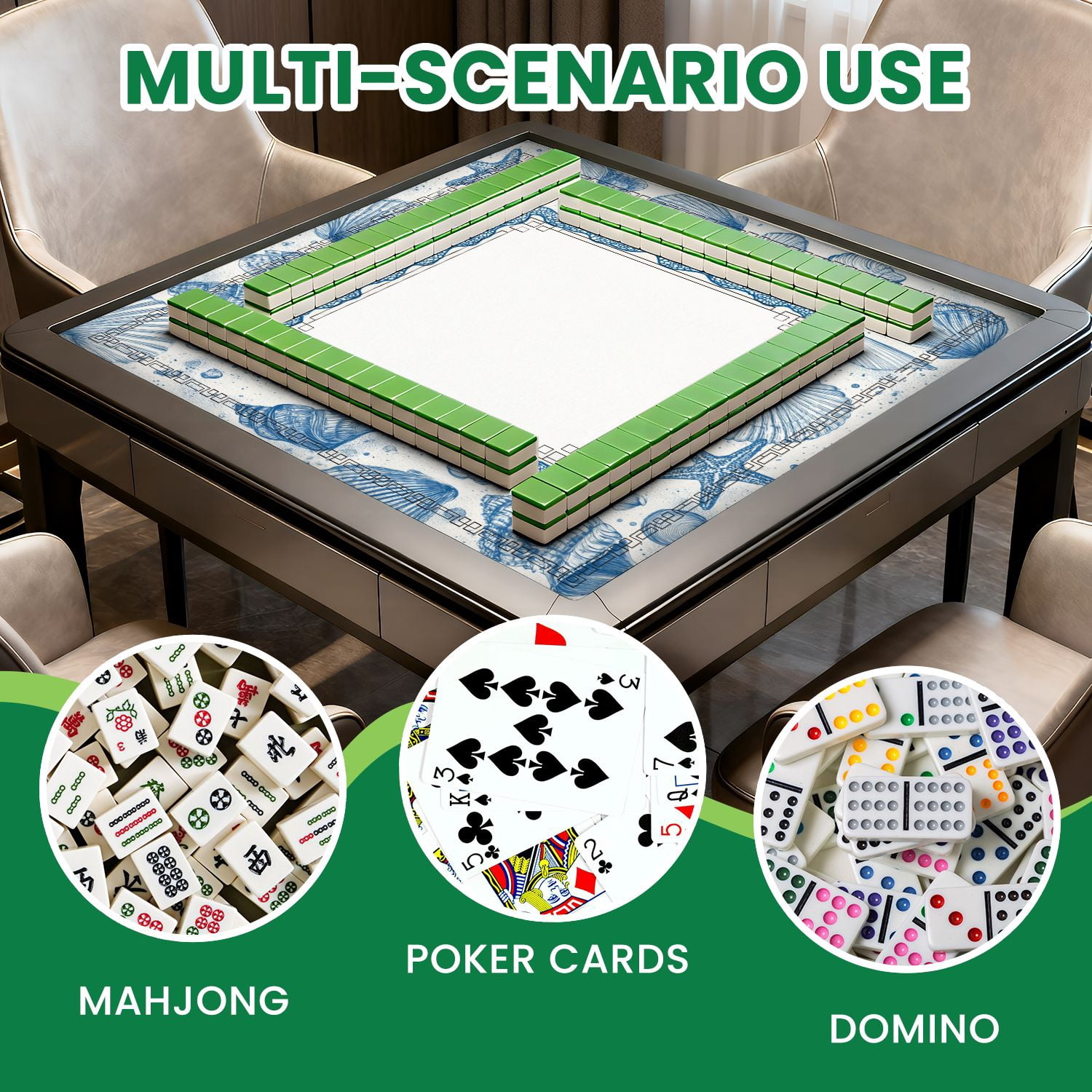 Mahjong Mat 31.5" x 31.5" Blue Seashell Frame Coastal Nautical Border Design Non-Slip Noise Reduction American Mahjong Tiles Table Cover for Dominoes Poker Card Board Games Gift