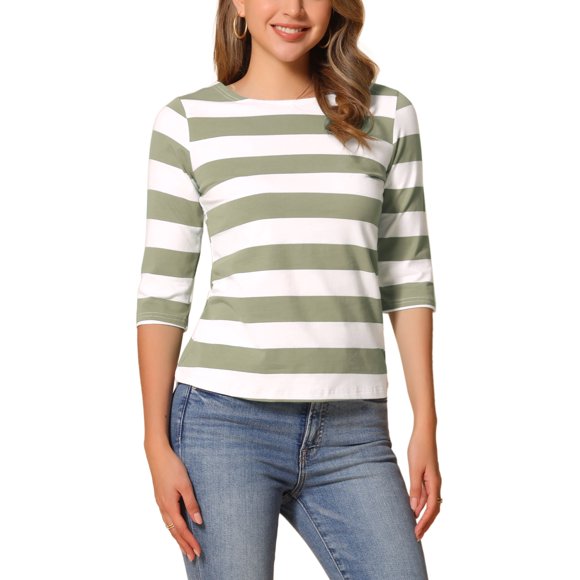 INSPIRE CHIC Women's Striped Shirts Slim Fit Elbow Sleeves Boat Neck T-Shirt S 3