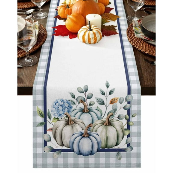 Fall Table Runner Thanksgiving Blue White Pumpkin Table Runners Green Leaves Grey Plaid Cotton Linen Dresser Scarf Kitchen Dining Table Decor for Fall Holiday Party Decor 13x36 Inch