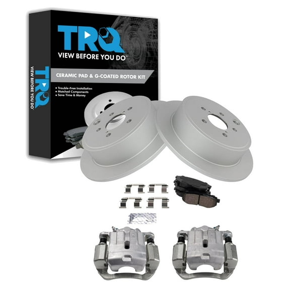 TRQ Rear Brake Pad & Rotor Kit Brake Caliper Brake Pads Brake Rotor Ceramic Premium G-Coated Fits Select 2013-2015 Subaru BRZ 2010-2014 Legacy