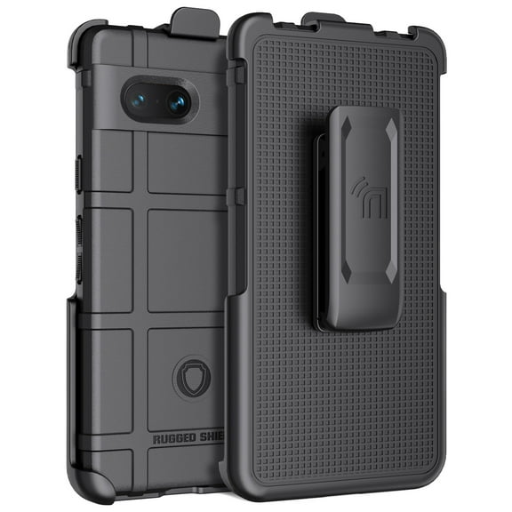 Case with Clip for Google Pixel 7a Phone (2023), Nakedcellphone Rugged Shield Protective Cover and [Rotating Ratchet] Belt Clip Holster [Matte Grip Texture] - Black