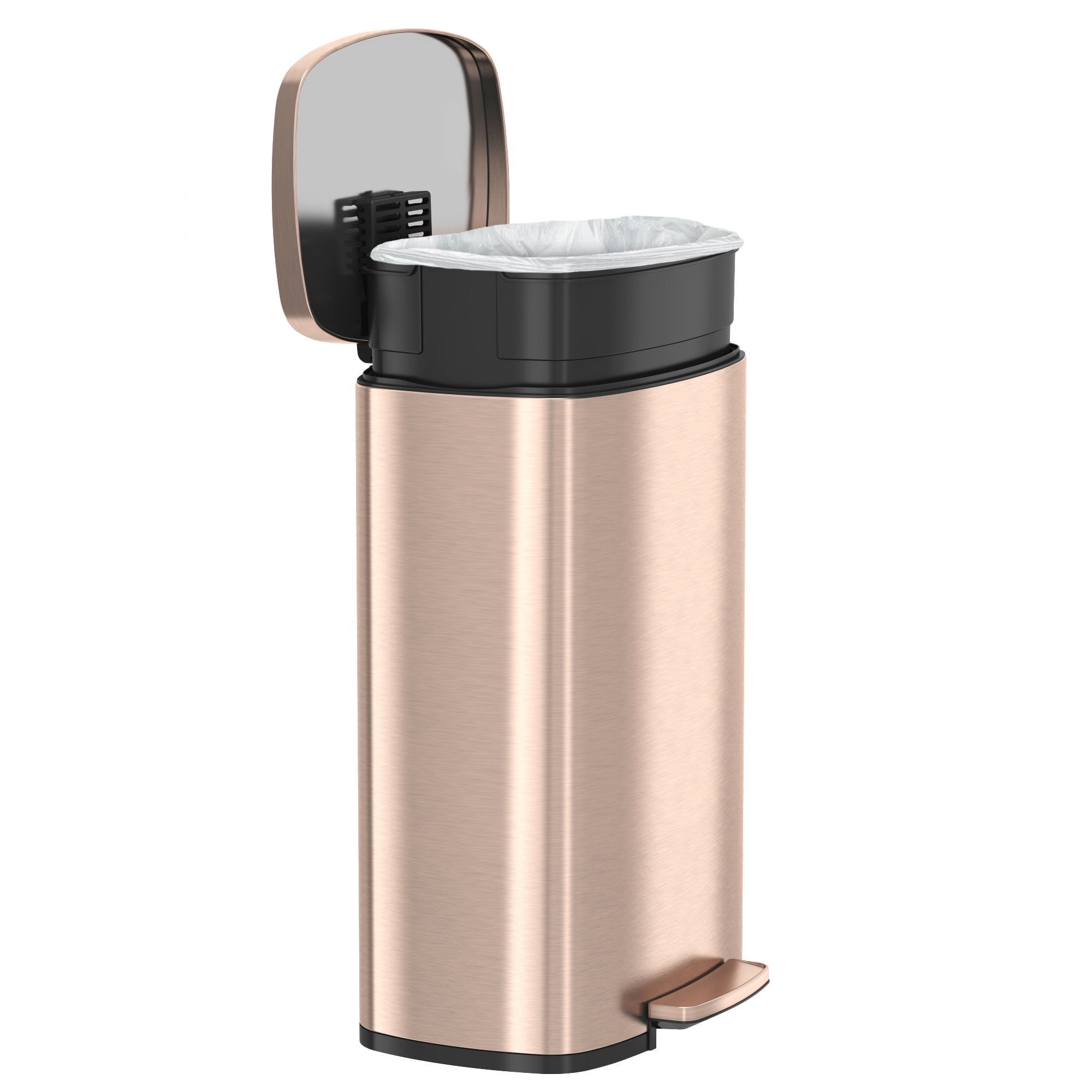iTouchless SoftStep 13.2 Gallon Rose Gold Stainless Steel Step Trash Can with Odor Control System, 50 Liter Pedal Garbage Bin for Kitchen, Office, Home - Silent and Gentle Open and Close