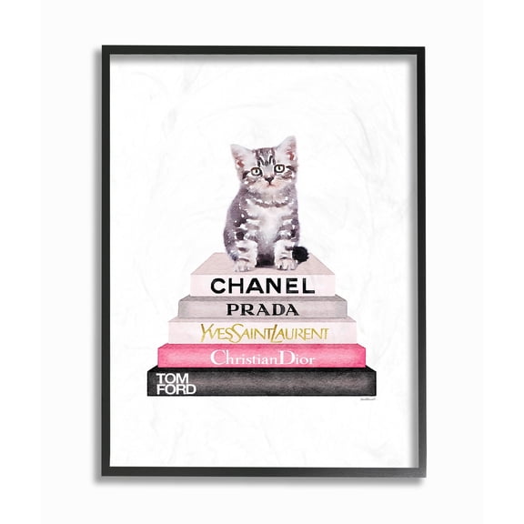 The Stupell Home Decor Grey Pink and Black Fashion Bookstack with Kitten Framed Texturized Art