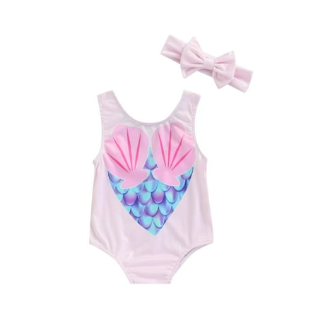 

Nokpsedcb Toddlers Baby Girls One Piece Swimsuit with Headband Infants Pineapple Shell Donut Printed Romper Headdress Set Pink Shell 18-24 Months