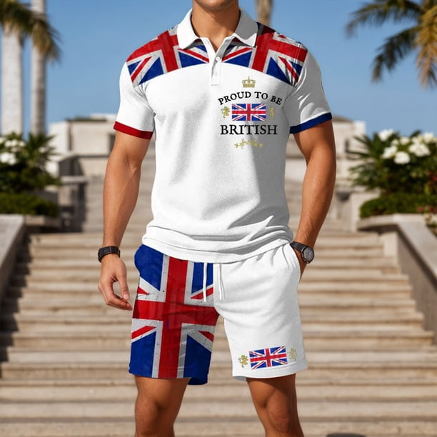 WILLBEST Pantalones Cortos Casuales para Hombre, con Bandera Europea y Británica, de Manga Corta, con Botones, Holgados y Cómodos, para Negocios Urbanos, Conjunto de Dos Piezas