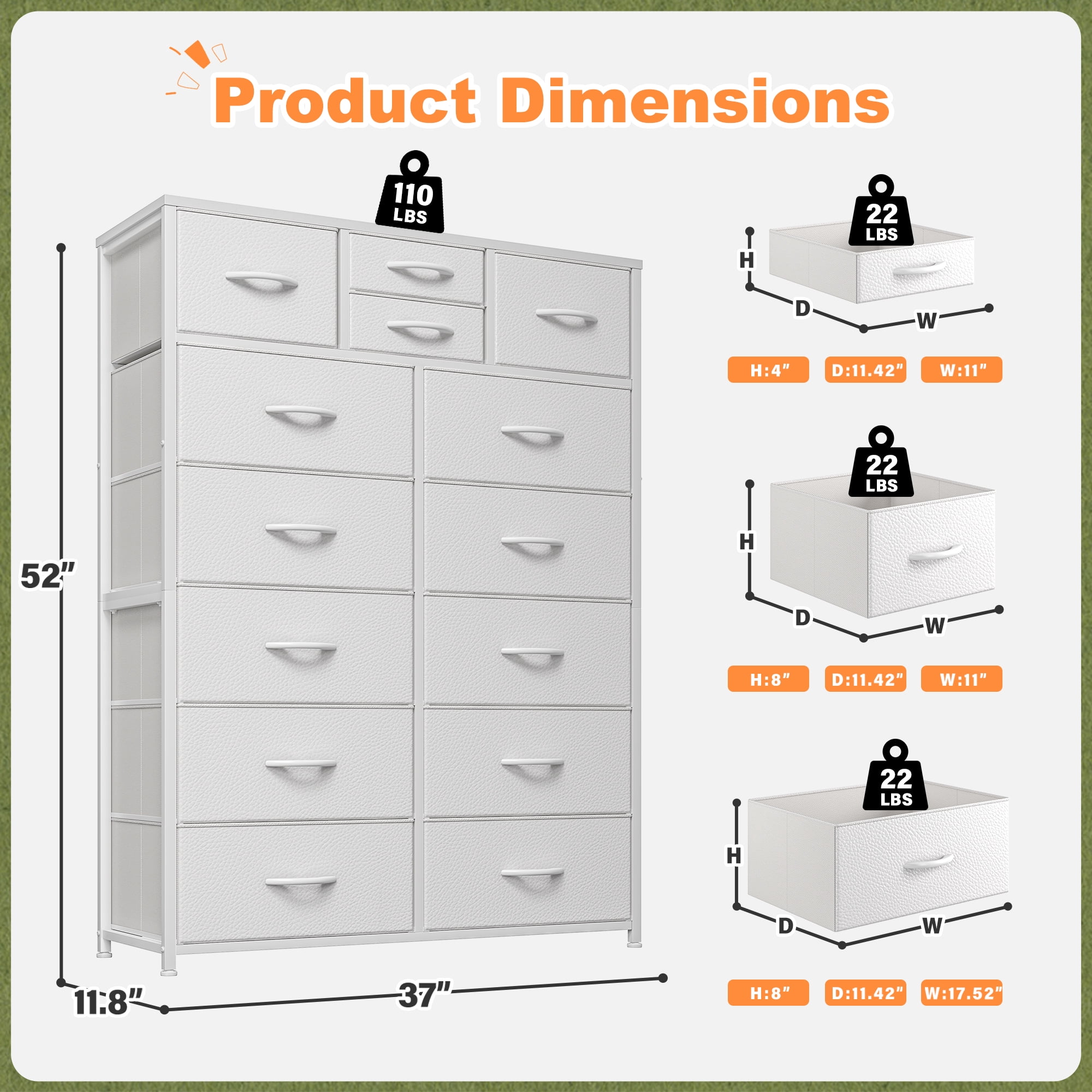 Tall Dresser for Bedroom with Fabric Drawers Dressers & Chests of Drawers for Closet, Sturdy Metal Frame, Wood Top, White