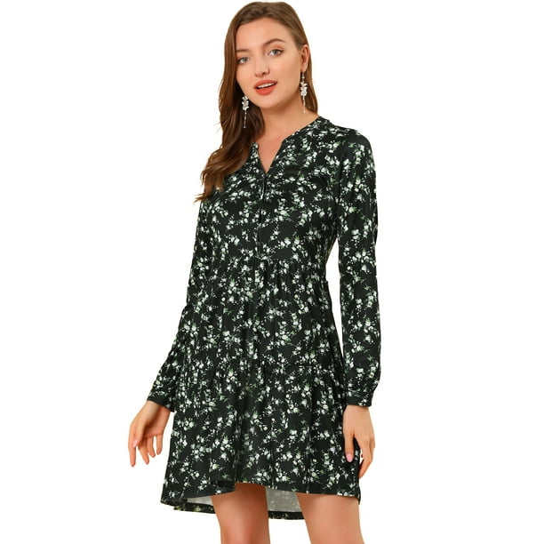 Vestido Casual De Manga Larga Con Cintura Ceñida Y Cuello En V Floral Para Mujer Negro L