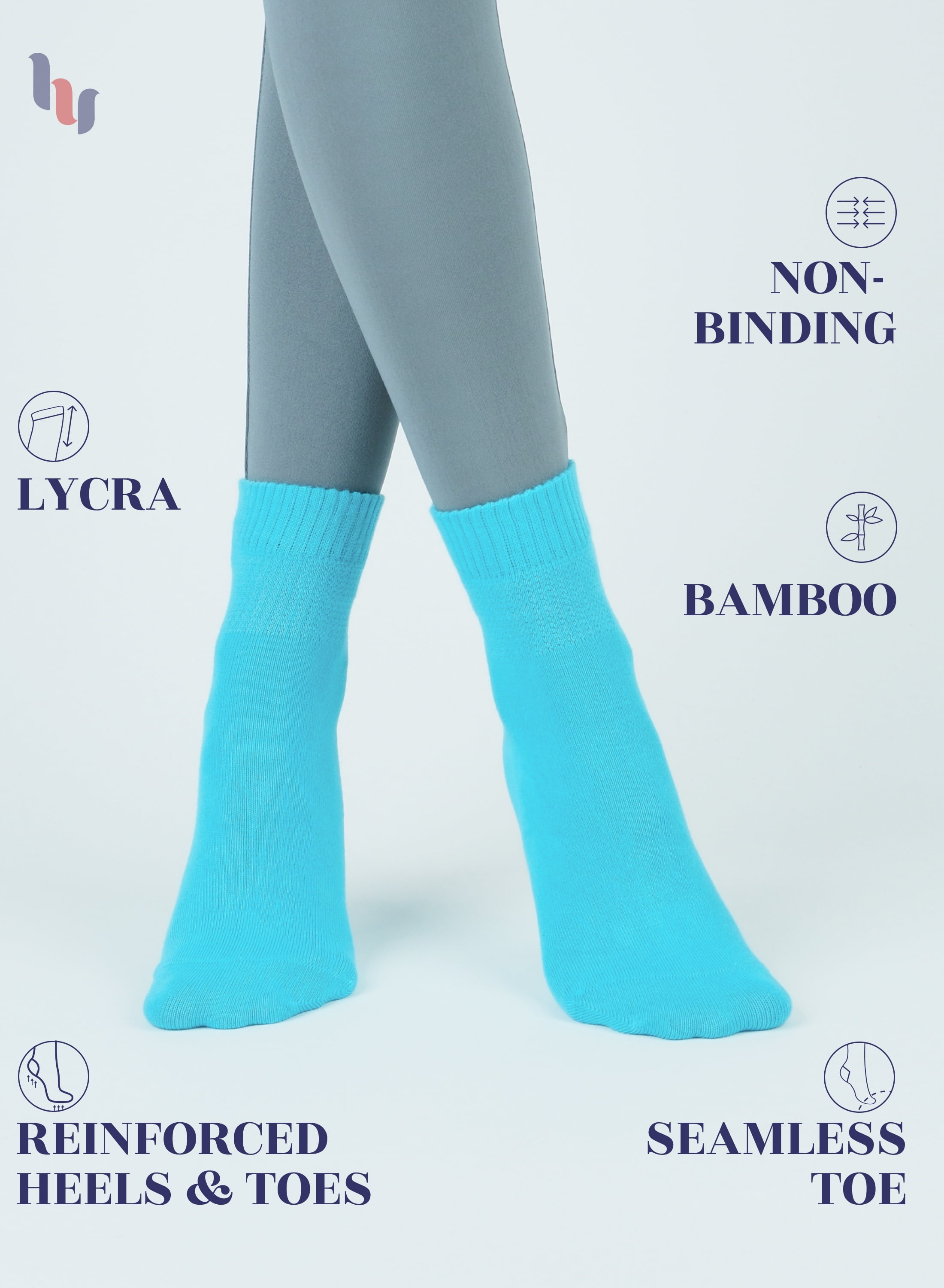 HUGH UGOLI Women Diabetic Ankle Socks, Super Soft & Thin Bamboo Socks, Wide & Loose, Non-Binding Top & Seamless Toe, 4 Pairs, Blue Curacao, Shoe Size: 6-9