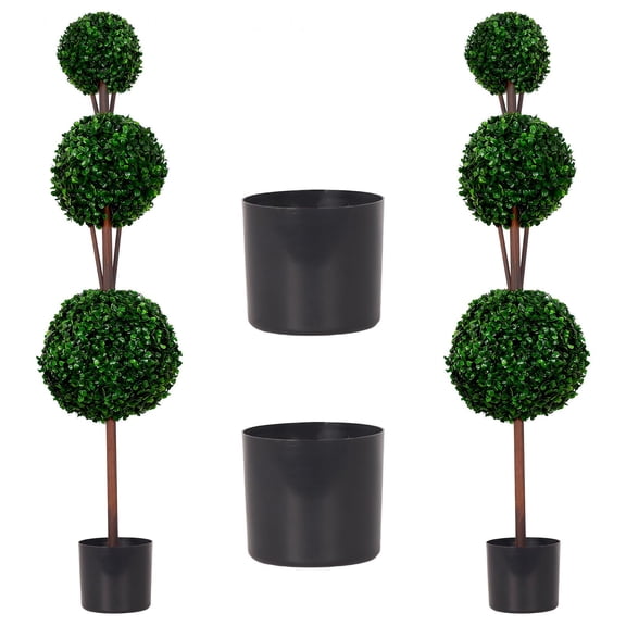 Set of 2 Artificial Triple Ball Topiary Trees, 48in UV Resistant Fake Plants, Realistic PE Leaves Faux Plants with Simulation Tree Frame for Garden & Living Room