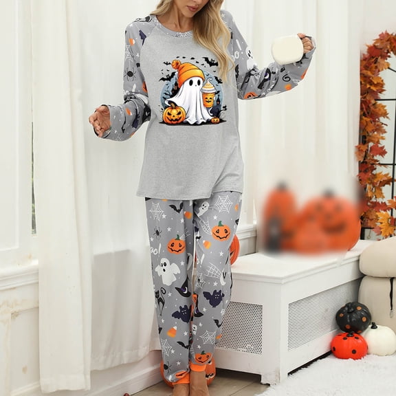 Halloween Pajamas Women Long Sleeve Crewneck Long Pants Soft Loungewear Sleepwear 2 Piece Pajama Set for Women Grey L