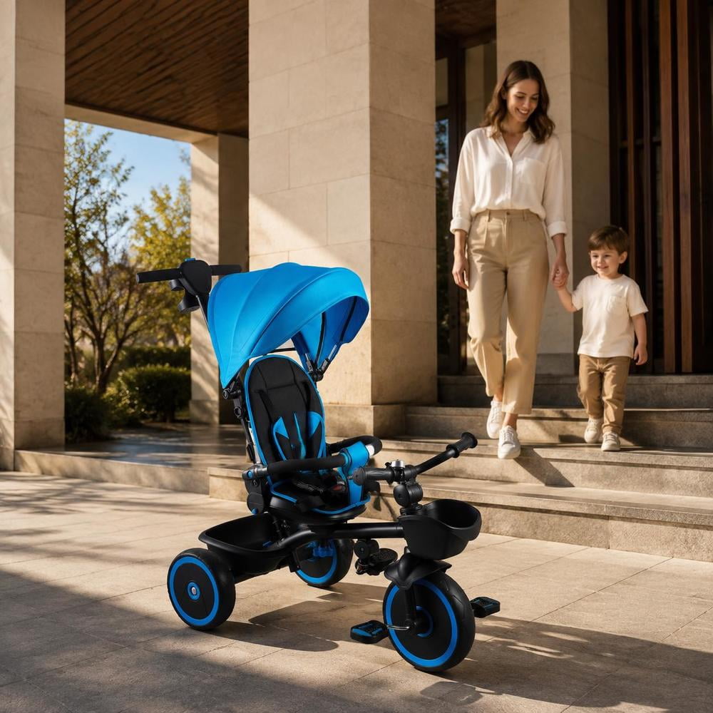 Toddler Tricycle Stroller, 6-In-1, 4-Level Push Handle, Canopy, Adjustable Seat, Ages 1-5, Blue and Black, Model B72-J1