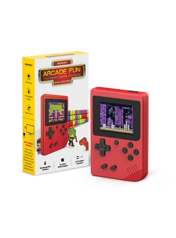 Merkury Innovations Arcade Fun Portable Gaming Console - Classic Retro Handheld with 200 Arcade Games, Red, Any Age