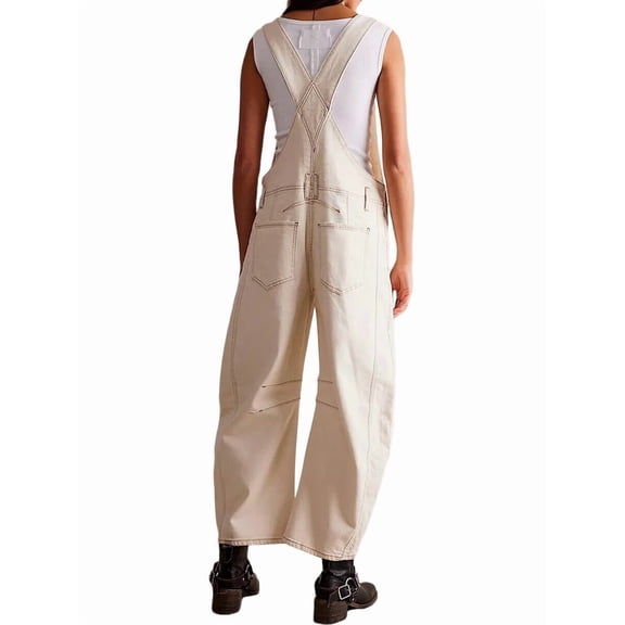 Womens Denim Overalls Loose Fit Leg Adjustable Strap Hip Hop Jean Jumpsuits Cream White S