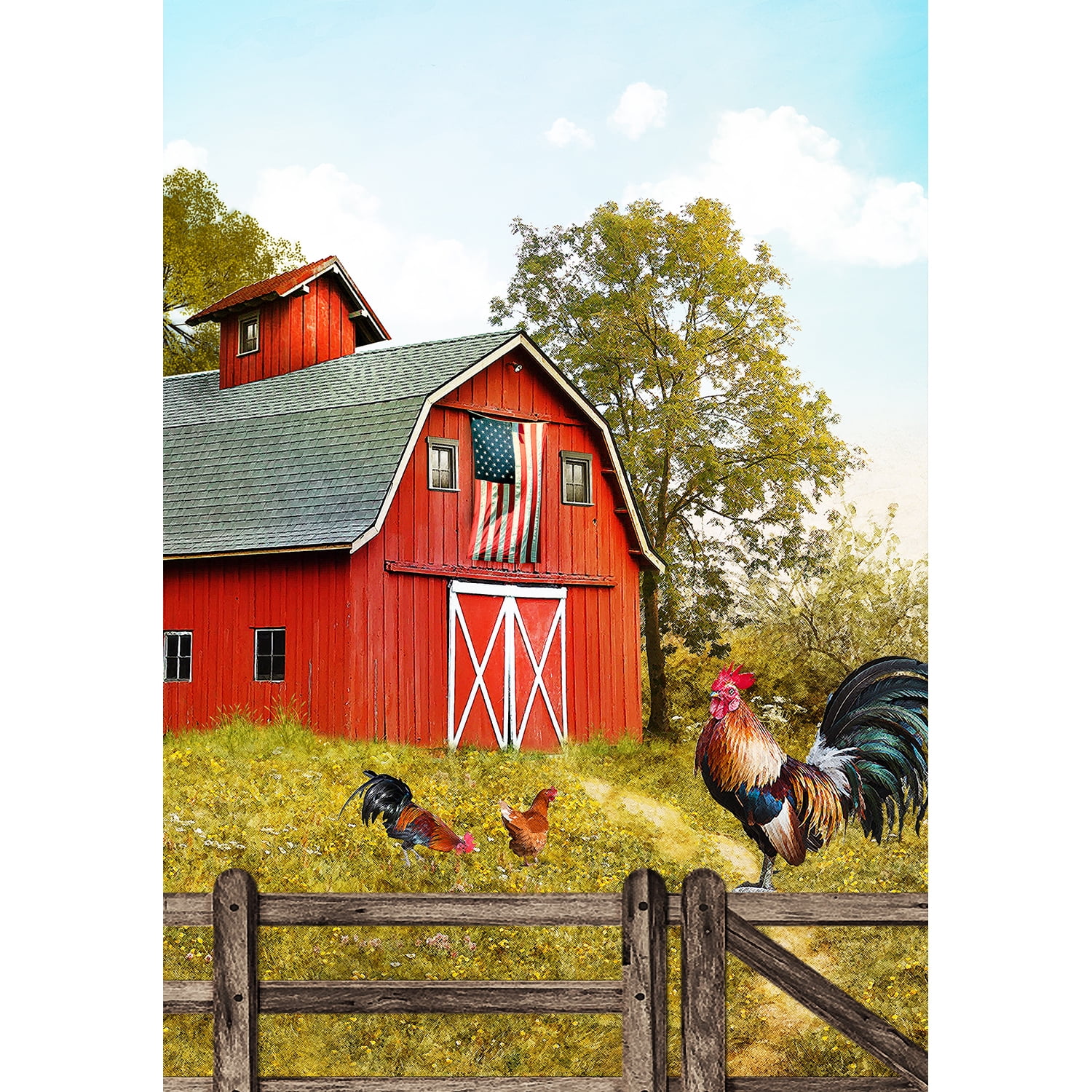 America Forever Summer Patriotic Red Barn Rooster House Flag 28 x 40 inches Fancy Farm Rooster Chicken Farm Bird Double Sided Seasonal Poultry Country Yard Outdoor Decorative Rustic House Flag