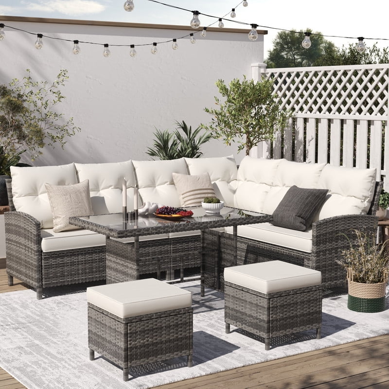 AMOPATIO 7-Piece Patio Furniture Set, Outdoor Sectional Sofa with Dining Table, All Weather Rattan Conversation Set with Ottoman, Beige