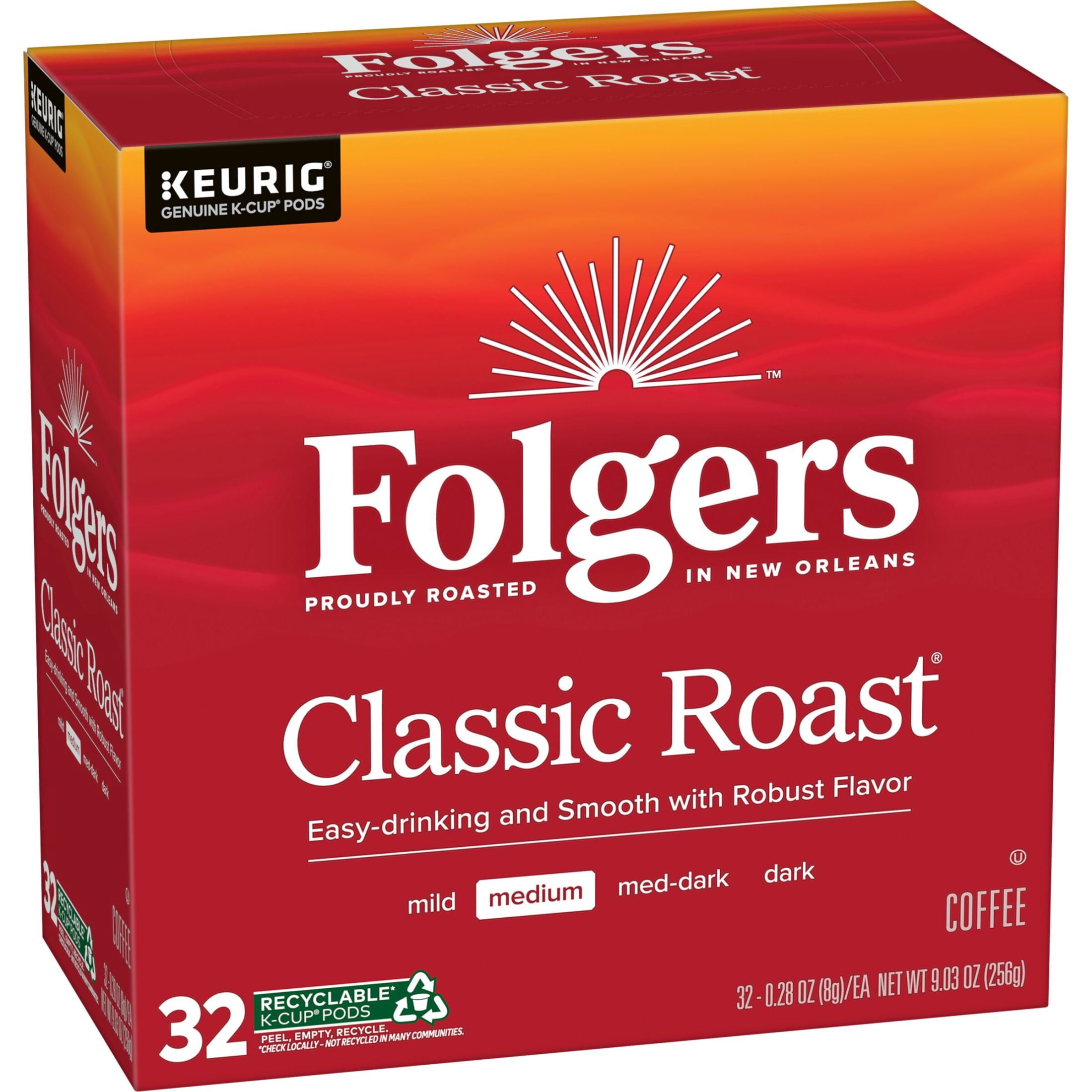 Folgers Classic Roast, Medium Roast Coffee, Keurig K Cup Pods, 32 Count Box