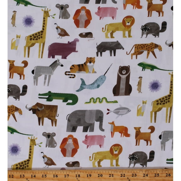 Cotton Zoo Animals Elephant Giraffe Lion Pig A to Z Animals White Cotton Fabric Print by the Yard (SRKD-18976-1WHITE)