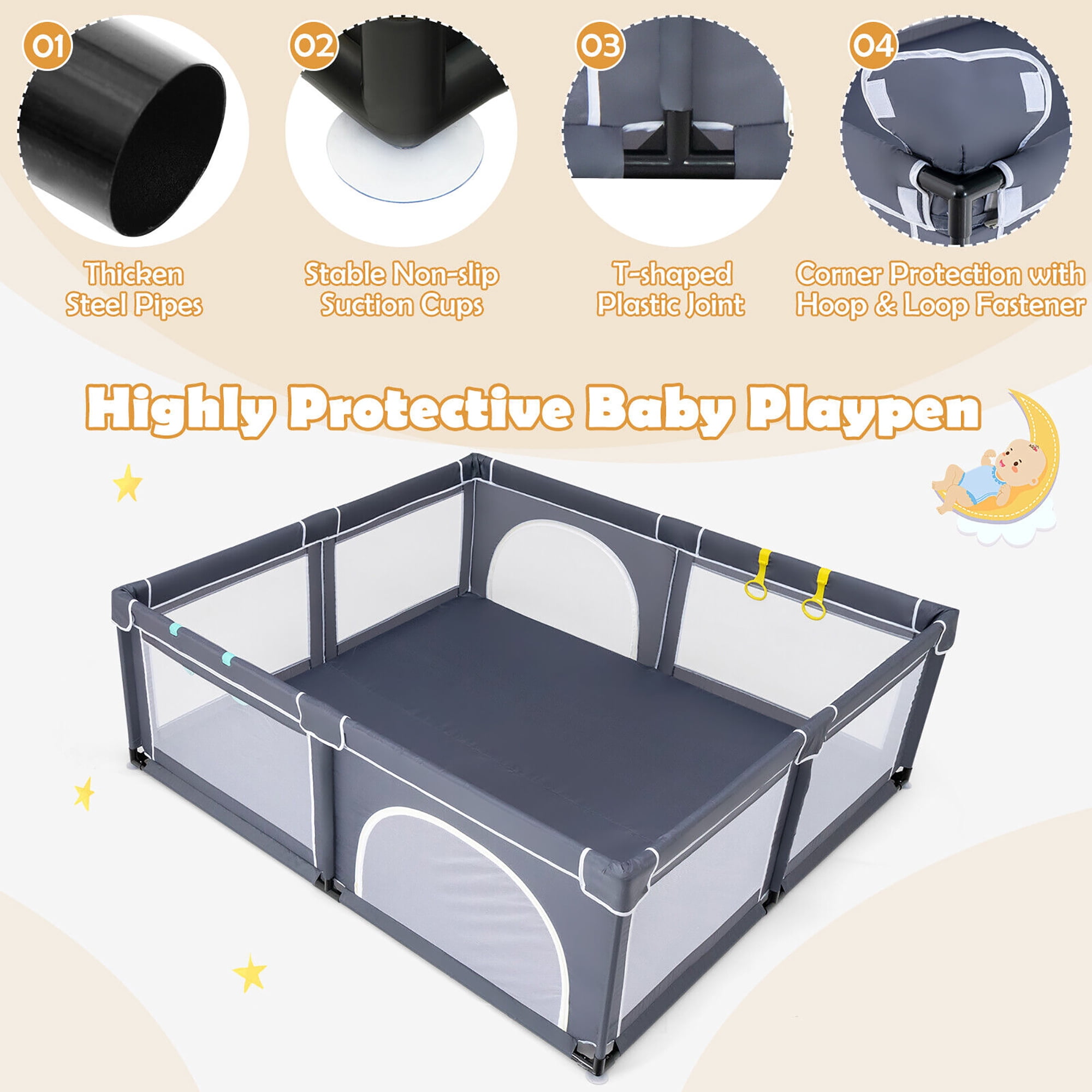 Gymax Extra Large Baby Playpen Safety Baby Play Yard w/ 50 Ocean Balls & 4 Handles Dark Grey