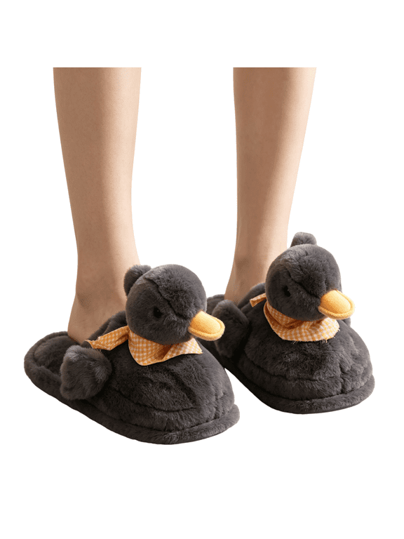 Fuzzy Fluffy 3D Duck Animal Slippers, Unisex Plush House Slippers with Cute Checkered Scarf, Warm Winter ClosedBack Indoor Slipper for Home Bedroom