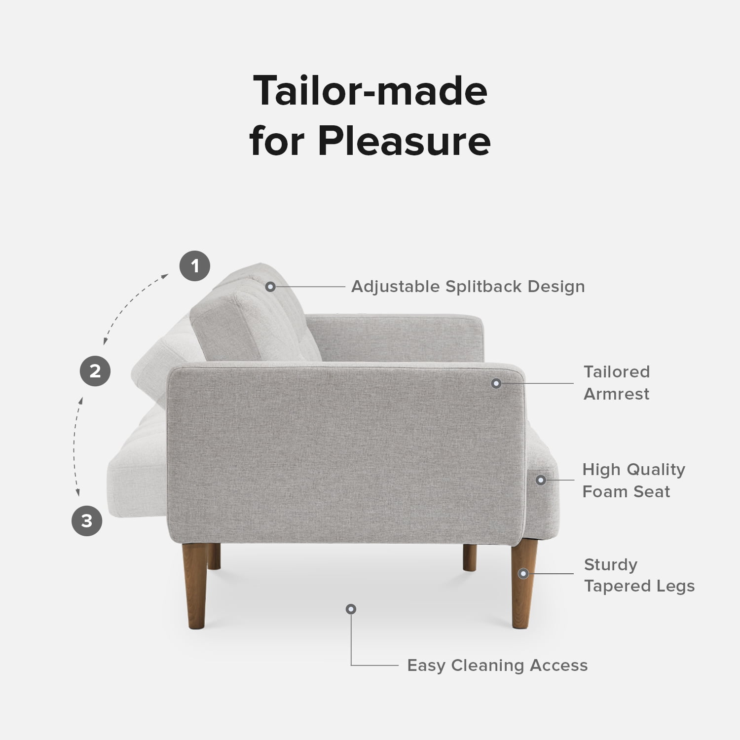 Mopio Aaron Twin Futon Sofa Split Back Design 77.5" Light Gray Fabric