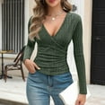 thumbnail image 4 of Long Sleeve Shirts for Women Solid Color Deep V Neck Wrap Sweater Ribbed Knit Slim Fitted Wrap Top Going Out Green XL, 4 of 4