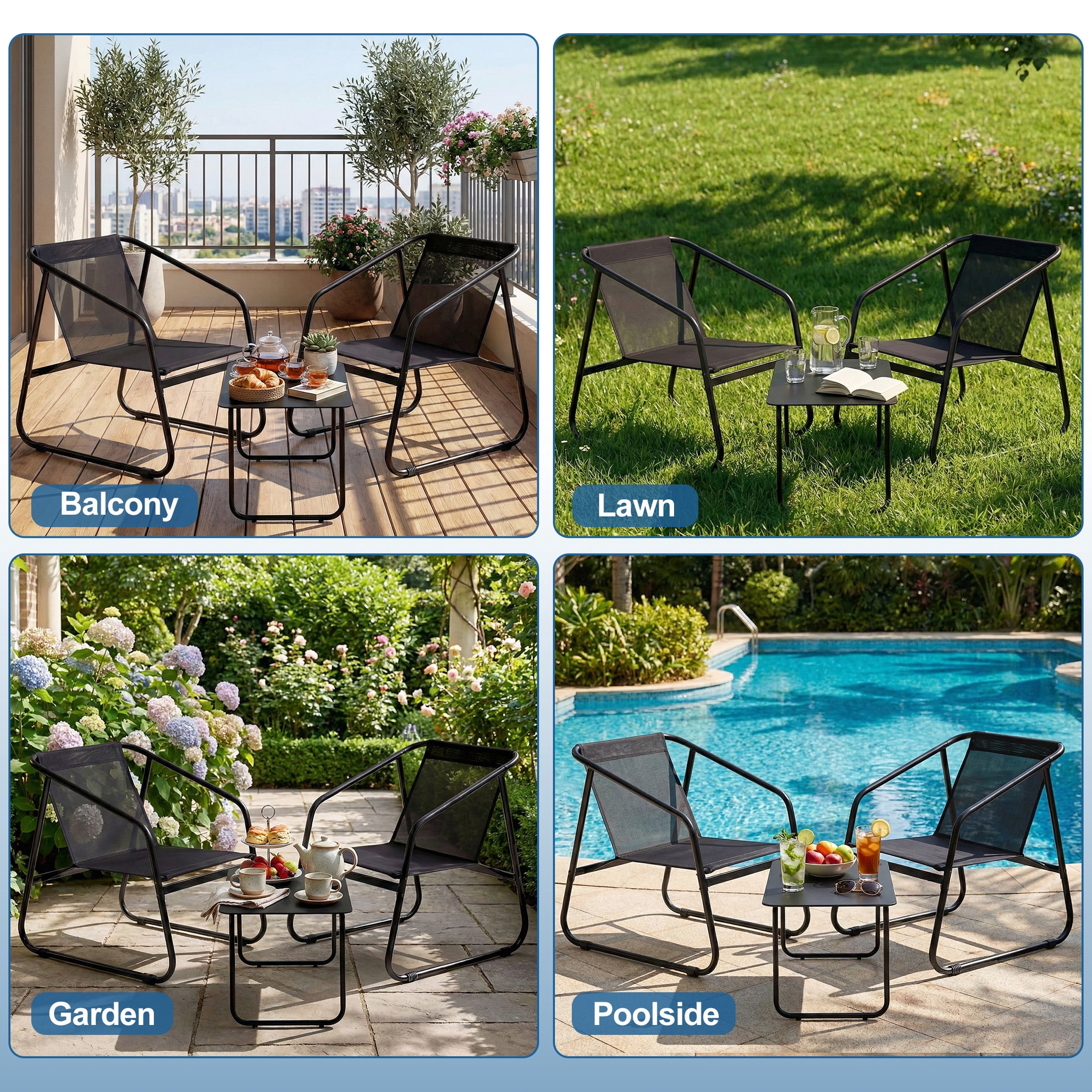 edx 4-Piece Textilene Outdoor Patio Set, Coffee Table & three-piece set of seats, Black