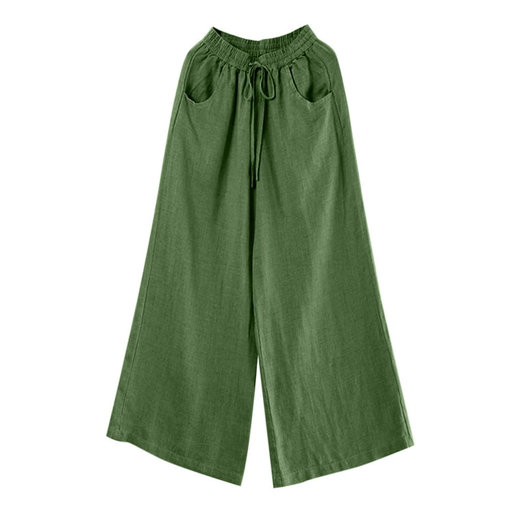 nsendm Women Summer High Waisted Linen Palazzo Pants Long Bottom Trousers  Summer Pants for Women Casual for Curvy Women Pants Green Large 