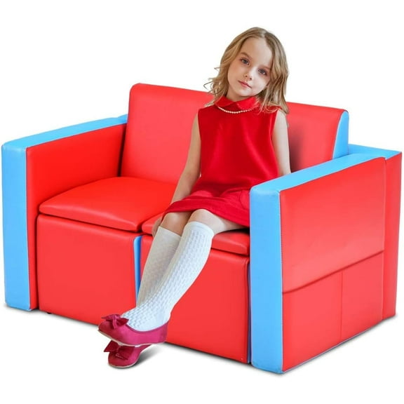 GLACER 2-in-1 Kids Sofa, 2 Seat Sofa Convert to Table & 2 Chairs, PVC Leather Toddler Couch w/Sturdy Wood Construction, Multifunctional Children Armchair w/Storage Space, Boys Girls Gift (Red)
