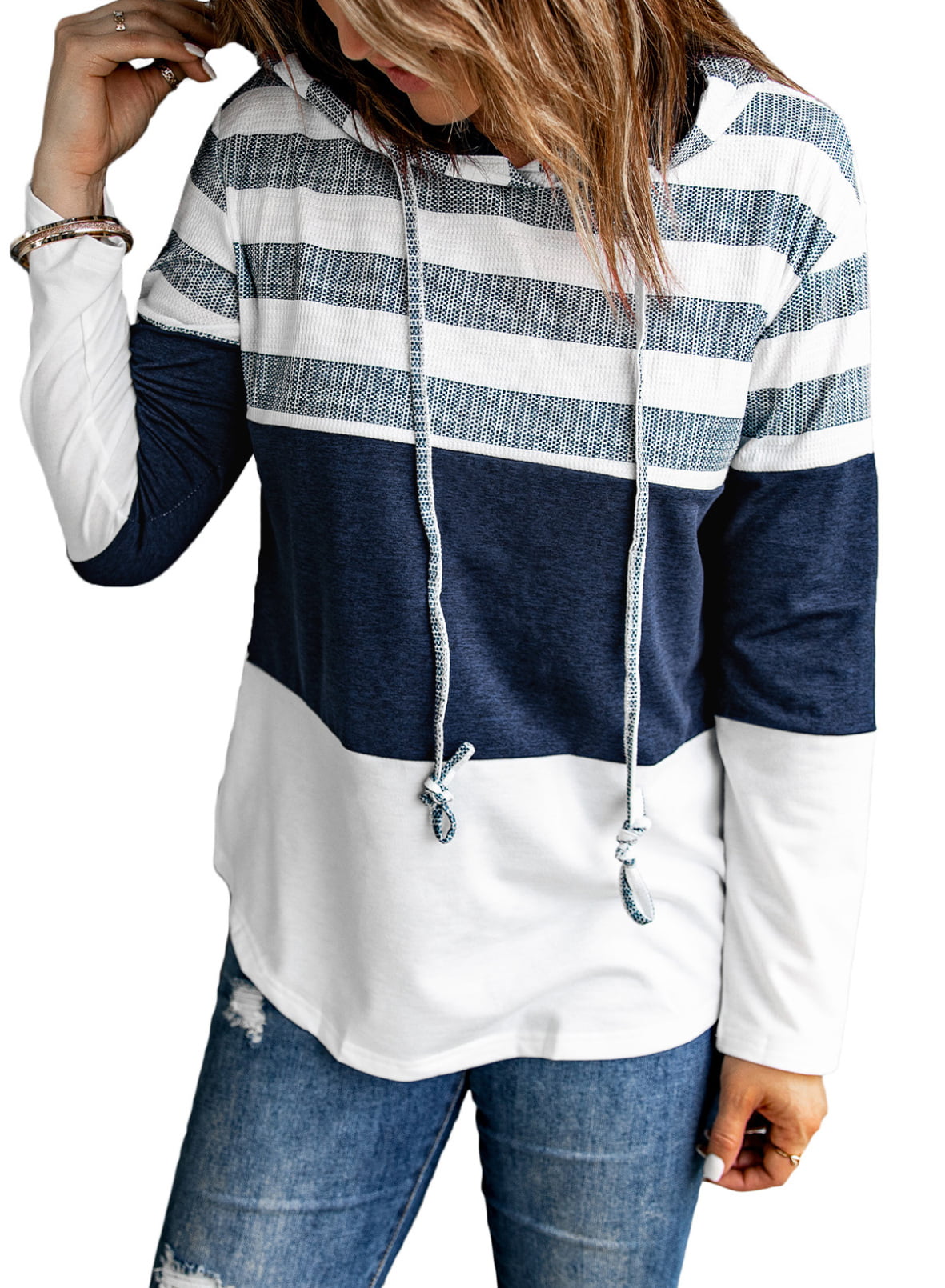 Womens Long Sleeve Striped Color Block Tops Casual Loose Patchwork Pullover Sweatshirts