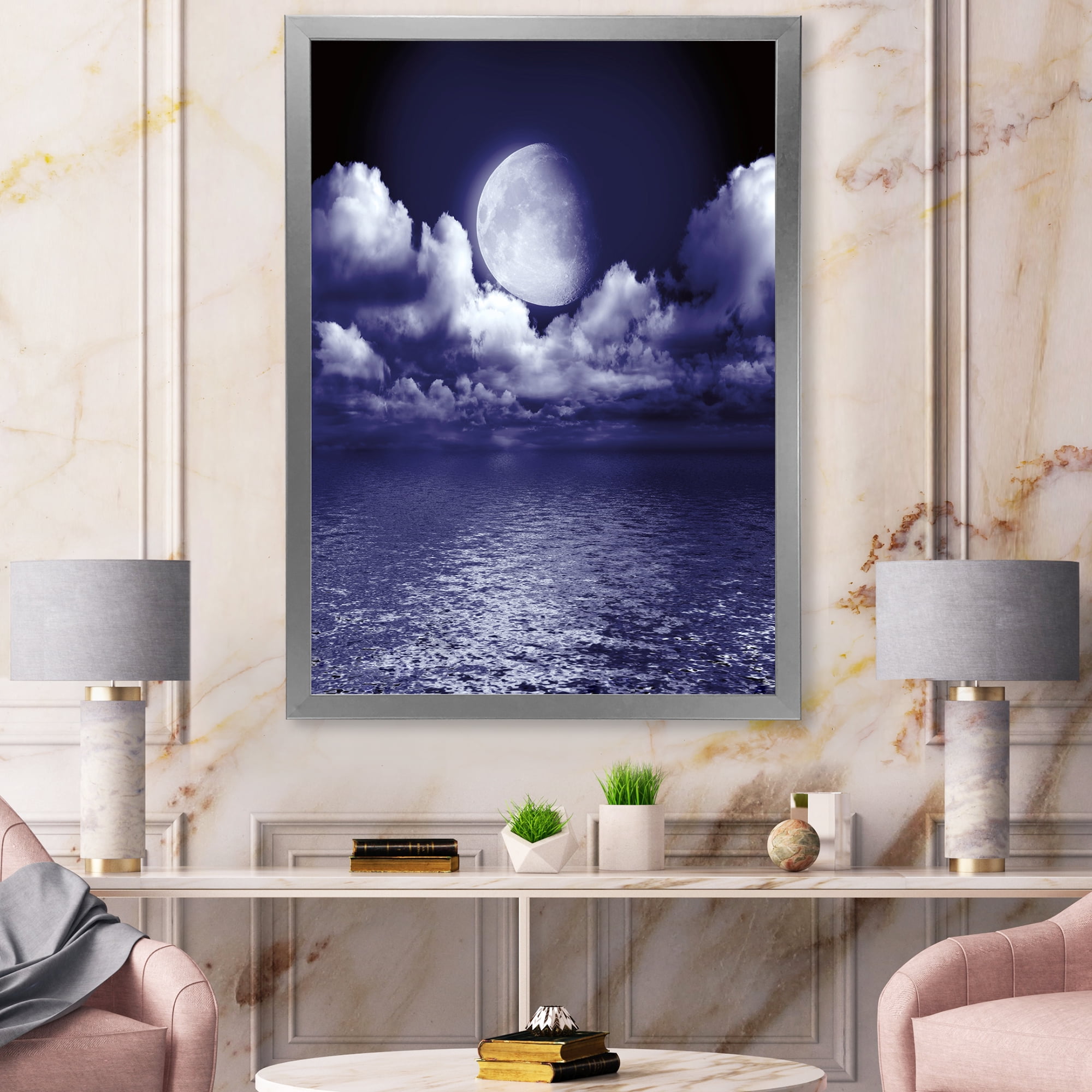 Designart 'Full Moon Night in Cloudy Sky V' Nautical & Coastal Framed Art Print