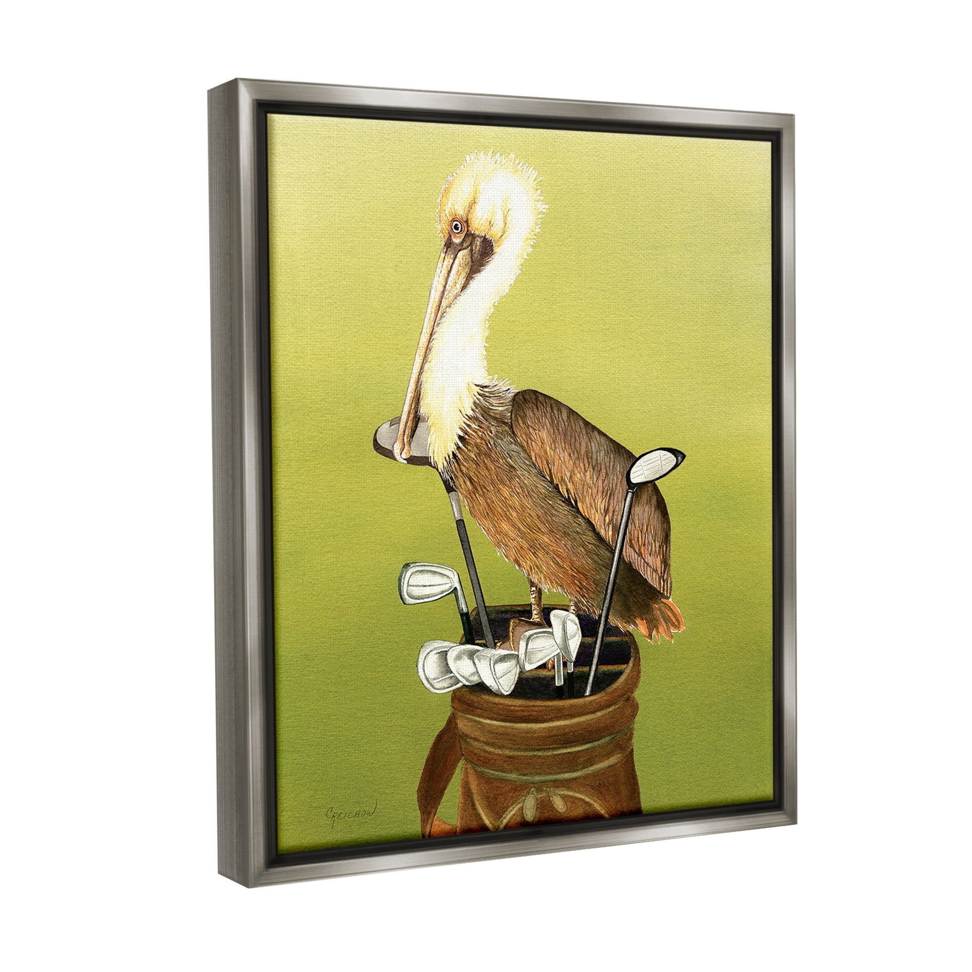 Stupell Industries Pelican on Golf Clubs Animals & Insects Painting Gray Floater Framed Canvas Art Print Wall Art, 17 x 21