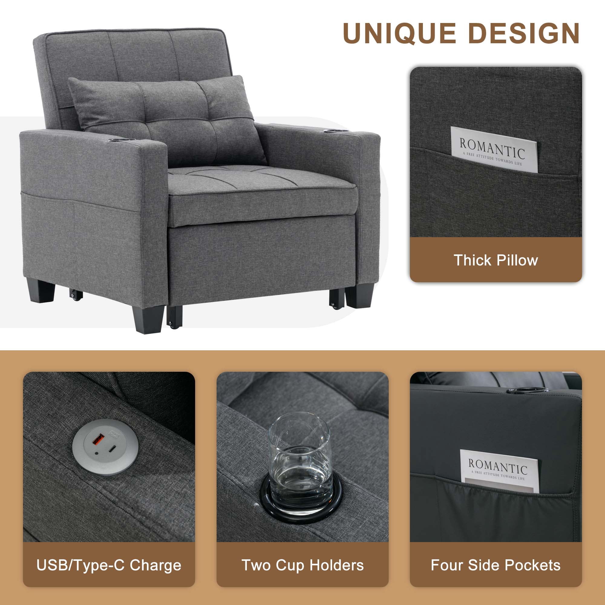 Aukfa Convertible Sleeper Sofa Chair, Futon Chair Bed with USB Ports and Cup Holders for Living Room - Gray