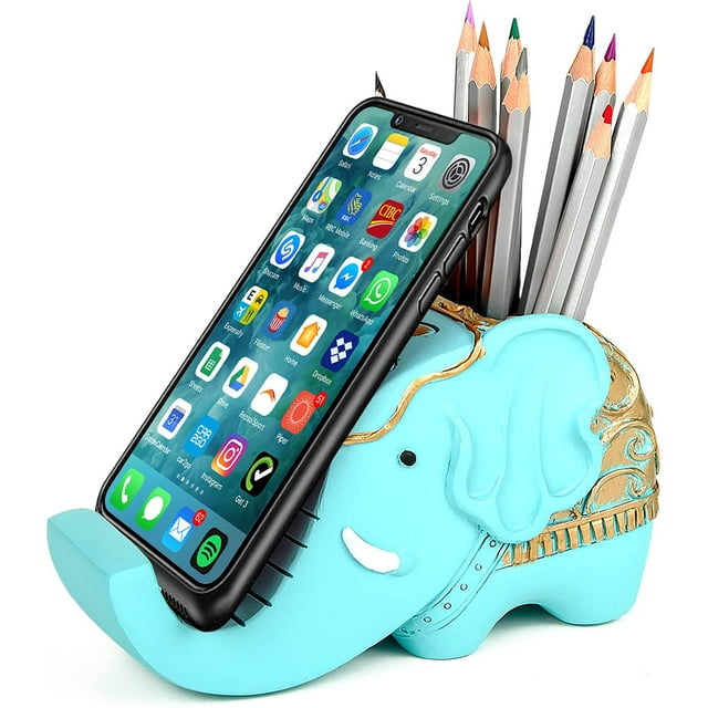 Porte-stylo Porte-Crayon avec Support de Cellulaire, Conteneur en Résine Multifonctionnel en Forme d'Éléphant, Organisateur de Bureau Mignon, Accessoires de Bureau, Cadeaux Éléphant pour Femmes Enfants Décoration Maison Bureau, Bleu Ciel