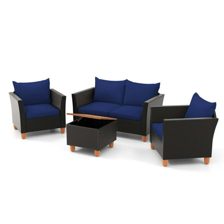 Costway 4 PCS Wicker Patio Furniture Set with Removable Cushions Storage Coffee Table - Navy,Black