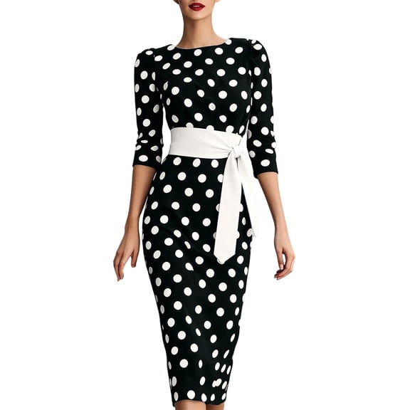 BLTIBY Elegant 3/4 Sleeve Midi Dress Women Polka Dot Vintage Boat Neck Waisted Slim Fit Dresses with Waist Sash for Office Cocktail Party Anniversary Evening Gowns Black XXL