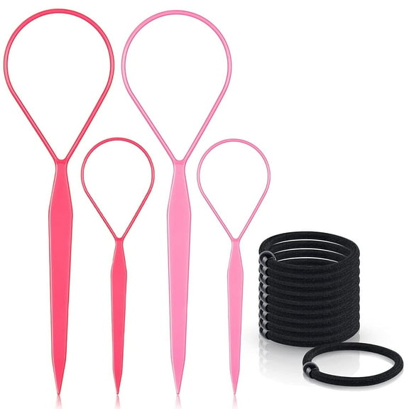 Topsy Tail Hair Tools Set, 4 Pcs Hair Loop Styling Tool with 10pcs Hair Ties, Pink