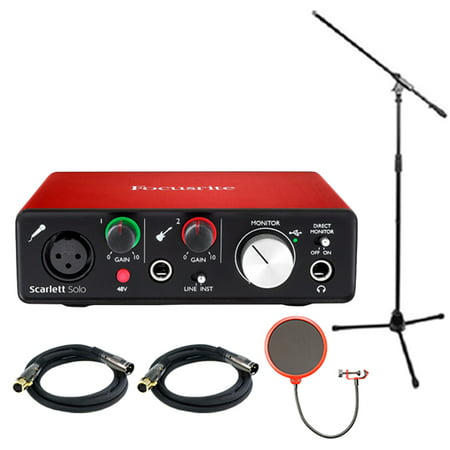 Focusrite Scarlett Solo USB Audio Interface (2nd Generation) Bundle with 2 XLR Cables, Microphone Stand and Wind