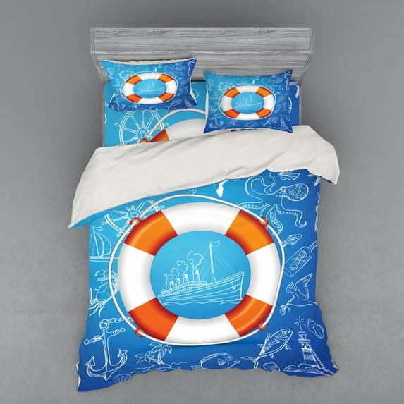 Ambesonne Ocean Bedding Set 4 Pcs, Palm Tree Island Octopus, Queen, Blue Orange White