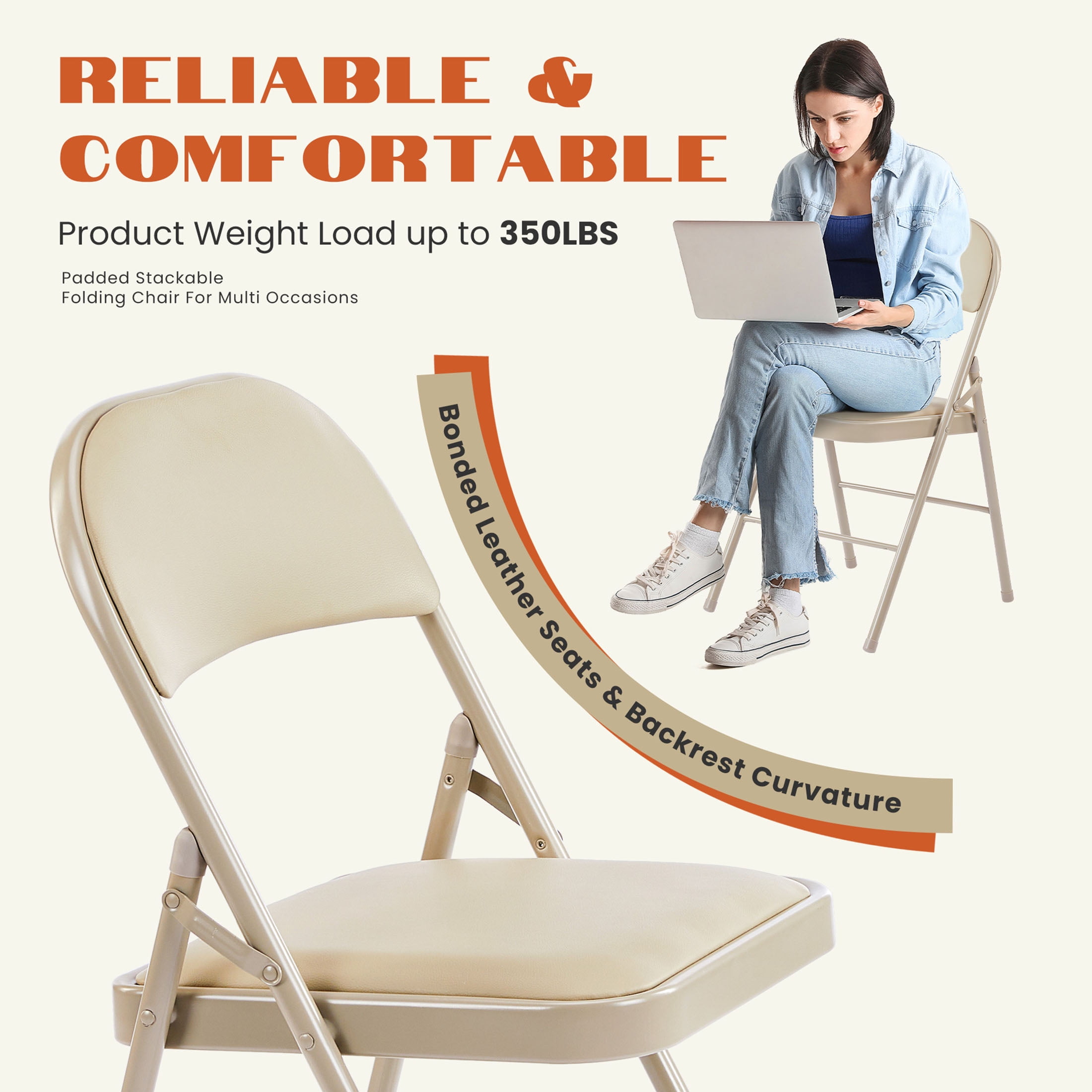 JIOABL Folding Chair 2 Pack, Convenient Leather Padded Folding Chairs, Khaki